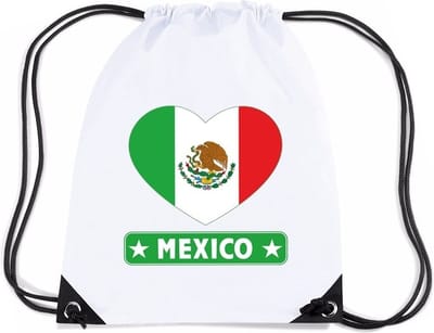 Mexico thema sporttas - nylon rijgkoord rugzak - wit met hartjes vlag print - supporters - 11 liter - 45 x 34 cm
