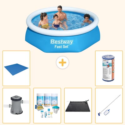 Bestway Rond Opblaasbaar Fast Set Zwembad - 244 x 61 cm - Blauw - Inclusief Pomp - Onderhoudspakket - Solar Mat - Schoonmaakset - Grondzeil - Filter - 7-delig