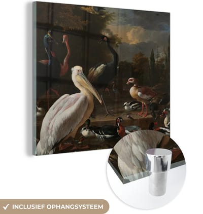 MuchoWow® Glasschilderij 50x50 cm - Schilderij acrylglas - Een pelikaan en ander gevogelte bij een waterbassin - Schilderij van Melchior d'Hondecoeter - Foto op glas - Schilderijen