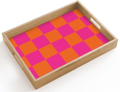 Dienblad hout 40x30 cm - Schootdienblad - Schaakbord print - Oranje - Roze - Blokjes - Borrelplank rechthoek - Plateau dienbladen