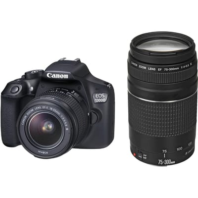 Canon EOS 1300D DSLR-camera + EF-S 18-55mm f/3.5-5.6 IS III + EF 75-300mm f/4-5.6 III Zoomlens zwart