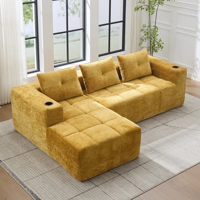 STILVORA Hoekbank 258 Cm - Met Bekerhouders En Diepe Zitting - Voor Woonkamer En Appartement - Chenille - Geel