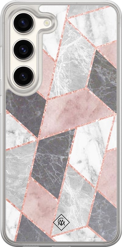 Casimoda® hoesje - Geschikt voor Samsung Galaxy S23 - Stone grid marmer / Abstract marble - 2-in-1 case - Schokbestendig - Geometrisch patroon - Verhoogde randen - Roze, Transparant
