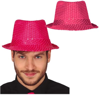 Fiestas Guirca Carnaval verkleed hoedje - 2x - glitter fuchsia roze - volwassenen/heren - met paillette
