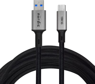 NÖRDIC USB naar USB C Kabel - USB3.2 Gen1 - 3A PD 60W - 5Gbp - Geschikt voor Laptop, Tablet, Smartphone & Nintendo Switch - 5m
