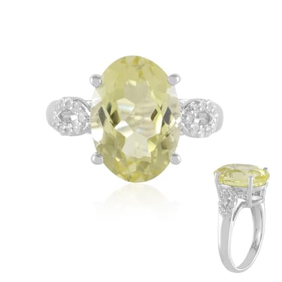 Cavill - Zilveren Ring - 925 Sterling Zilver Geplatineerd - 5,286 ct Limoen Kwarts Ovaal - 20 Zirkonia's 0,177 ct - Elegante Damesring