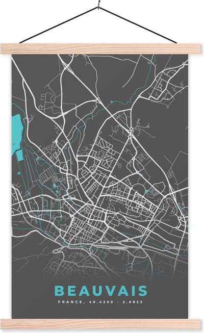 Posterhanger incl. Poster 40x60 cm - Schoolplaat - Frankrijk - Plattegrond - Beauvais - Kaart - Stadskaart - Textielposter - Blanke latten - Stadskaart