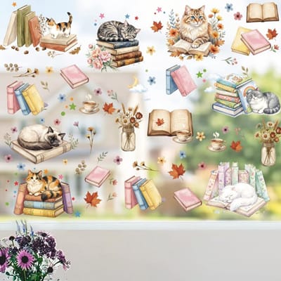 Dailygoods- Raamstickers - Niet-klevend ontwerp - PVC - Katten/Boeken - Waterdicht - Decoratie voor slaapkamer/kantoor - Afmetingen 30 x 120 cm - Raamdecoratie