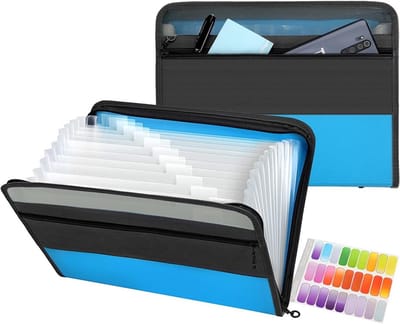 Uitbreidbare document organizer met 13 vakken, A4 formaat, rits en voorvak, blauw