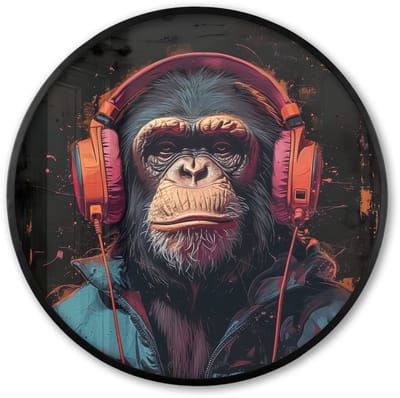 Poster in lijst Rond - Fotolijst 60x60 cm - Posters - Graffiti - Chimpansee - Koptelefoon - Aap - Ronde posterlijst zwart - Decoratie - Wanddecoratie woonkamer - Muurdecoratie slaapkamer