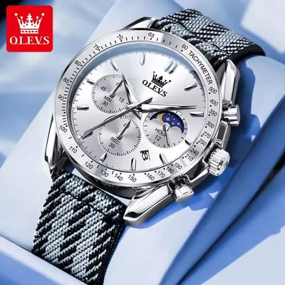 HO-3630.z : Olevs zilverkl edelstaal horloge, chronografisch, tachymeter, zilverkl wijzerplaat, seconden & minuten & uur/maanfase aanduiding