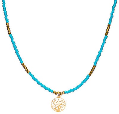 CO88 Collection 8CN-26286 Stalen Ketting met Kralen - Dames - Goudkleurig - 3 mm - Turkoois - 2,5 mm - Levensboom - 12 mm - Lengte 38 + 7 cm