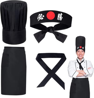 Koksmuts Set - Chef Hoofddeksel - Feest Koken - All-Inclusive Set - 4 Delig - Zwart
