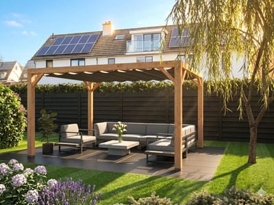 Douglas houten pergola inclusief een Harmonica schaduw doek keur Cool grey kopmaat 12 x 12 cm