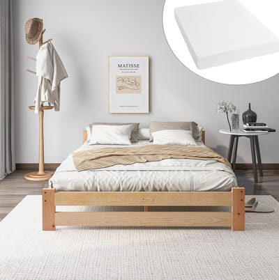 MEUNIQ houten bed 140x200 cm met hoofdbord en lattenbodem, tweepersoons bedframe van grenen voor slaapkamer, naturel, geschikt voor matras 140x200 cm