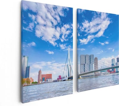 Artaza Canvas Schilderij Tweeluik Erasmusbrug Aan Het Water In Rotterdam - 80x60 - Foto Op Canvas - Canvas Print