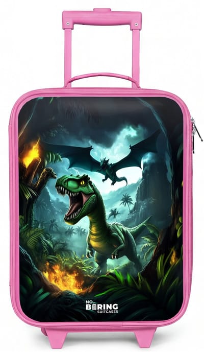 NoBoringSuitcases.com® - Kinderkoffer roze - Kindertrolley meisje - Dinosaurus en draak in vurige junglevallei - Koffer kind lichtgewicht - Reiskoffer trolley voor kinderen - Koffertje met lichtgevende wieltjes - Rolkoffer