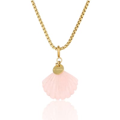 My Bendel - Goudkleurige Box Ketting met Rose Quartz Schelp - Zomerse Ketting - met Luxe Cadeauverpakking | Sieraden Voor Dames