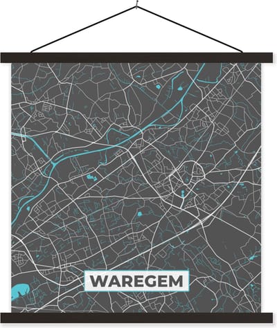 Posterhanger incl. Poster 60x60 cm - Schoolplaat - Stadskaart – Grijs - Kaart – Waregem – België – Plattegrond - Textielposter - Zwarte latten - Stadskaart