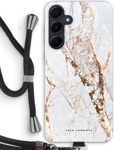Case Company® - Hoesje met koord geschikt voor Samsung Galaxy A55 hoesje met Koord - Goud marmer - Telefoonhoesje met Zwart Koord - Bescherming aan alle Kanten en Over de Schermrand