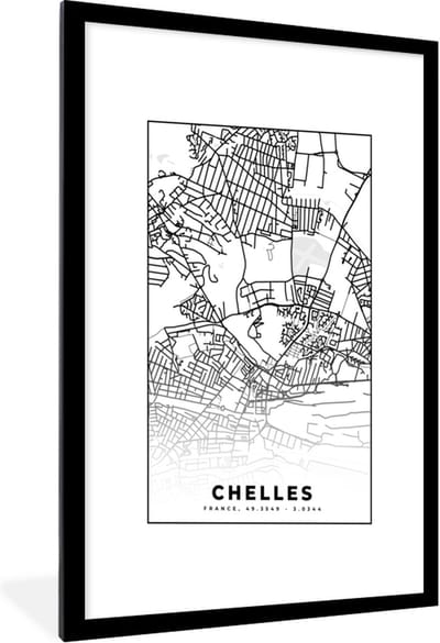 Fotolijst incl. Poster Zwart Wit- Frankrijk - Chelles - Stadskaart - Plattegrond - Kaart - Zwart wit - 60x90 cm - Posterlijst