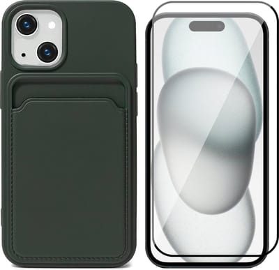 Hoesje Pasjeshouder geschikt voor iPhone 15 - Screenprotector FullGuard - Siliconen Case Back Cover Groen & Screen Protector