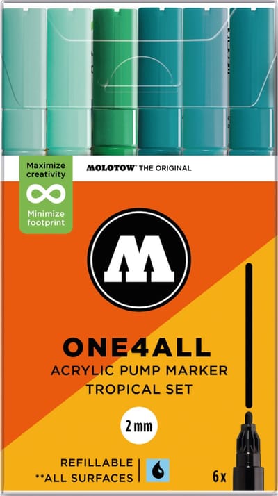 Molotow ONE4ALL Acrylstiften Set van 6 Turqoise tinten - Acryl markers - 2mm breed - hervulbaar - alle ondergronden