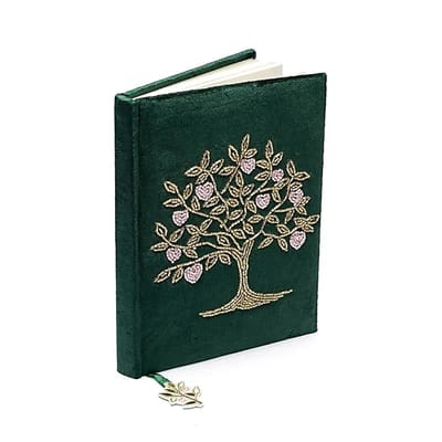 Notitieboek fluweel groen met Levensboom en harten – 20 cm x 15 cm
