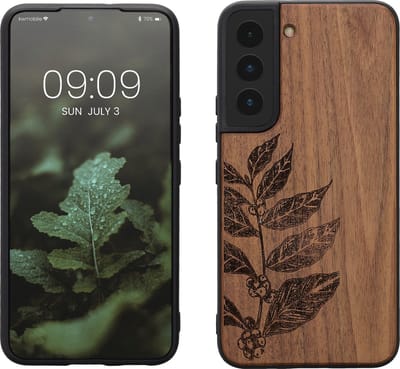 kwmobile telefoonhoesje geschikt voorSamsung Galaxy S22 - Hoesje met bumper - hout - In donkerbruin Bladertak design
