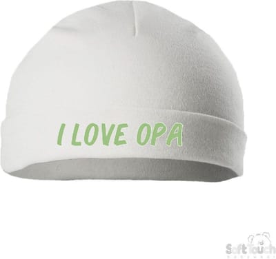 Soft Touch Mutsje Rolmutsje Bedrukt "I Love Opa" Wit/sage green (saliegroen) Maat New Born Maat 56