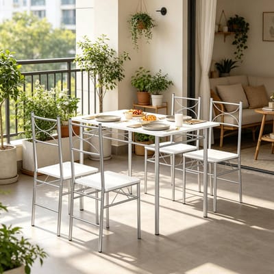 Set Tafel En Stoelen - Eettafel Met 4 Stoelen - Ruimtebesparend En Stevig - Voor Eetkamer, Balkon En Bistro - Hout En Metaal - Wit Zilver