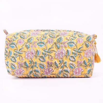 Bambooya make-up tas - Bohemian - Ibiza Style - Made in India - Tassel - Geel met bloemen - Small ( 17 x 12 x 7 cm )