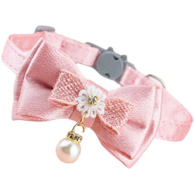 Huisdier Halsband Verstelbaar Zacht Draagbaar Schattig Modieus Kat Strikkraag voor Dagelijkse Wandeling Feest Parel Hanger Strik Width 1cm / 0.4in, Length 20‑30cm / 7.9‑11.8in white