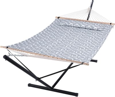 Extra grote dubbele hangmat met standaard - 55 kg - Outdoor draagbare hangmat met hardhouten spreidstang - Extra groot kussen - Grijs