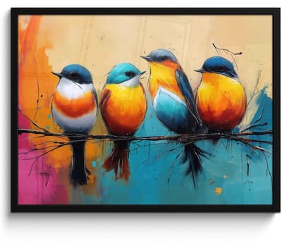 Poster in lijst - Fotolijst 80x60 cm - Posters - Vogels - Kleurrijk - Tak - Abstract - Posterlijst zwart - Decoratie - Wanddecoratie woonkamer - Muurdecoratie slaapkamer