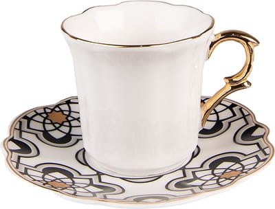 Clayre & Eef Kop en Schotel 95 ml Wit Zwart Porselein