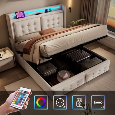 Gestoffeerd bed 160x200, tweepersoonsbed met LED-hoofdbord en USB-C-oplaadfunctie, hydraulisch bed met houten lattenbodem en metalen frame, draagvermogen 300 kg, beige, katoen (exclusief matras)