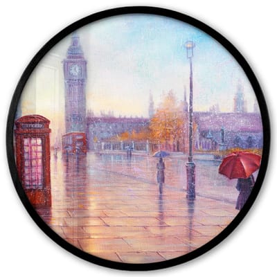 Poster in lijst Rond - Fotolijst 40x40 cm - Posters - Schilderij - Olieverf - Londen - Telefoon - Ronde posterlijst zwart - Decoratie - Wanddecoratie woonkamer - Muurdecoratie slaapkamer