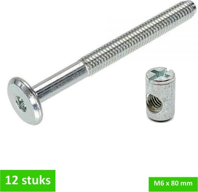 TQ4U verbindingsbout + dwarsmoer - M6 x 80 mm - Ikeabout - Verzinkt - Plaatdikte 16 mm - 12 stuks