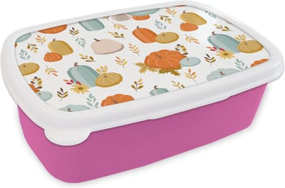Broodtrommel Roze - Lunchbox - Brooddoos - Pompoen - Herfst - Patroon - 18x12x6 cm - Kinderen - Meisje
