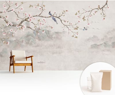Wallfluent Behang - Oosters landschap Muurbehang - 416x254 cm - Beige Behang - Voor liefhebbers van moderne abstracte kunst - Behang Voor de woonkamer, slaapkamer en kantoor - Wanddecoratie Bloemen en planten