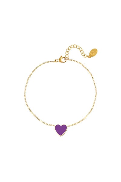 Roestvrijstalen armband met kleurrijke hartbedel - Yehwang - Armband - 16 + 3 cm - Goud/Paars