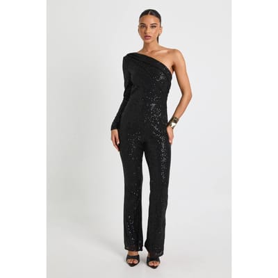 boohoo Dames Asymmetrisch Pailletten Jumpsuit met wijde pijpen | Black | Maat: 12
