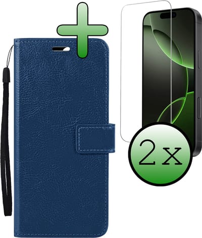 Hoesje Met 2x Screenprotector - Geschikt voor Apple iPhone 16 Pro - Luxe Pasjeshouder - Bookcase Portemonee - Flip Case - Kunstleer Book Case - Flipcase Hoes - Book Cover - Walletcase - Portemonneehoes - Donkerblauw