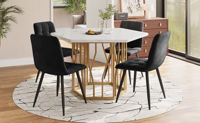 Zubaliya 5-Delige Eettafelset – Zeshoekige Eettafel met Marmerlook en 4 Fluween Eetkamerstoelen – Goudkleurig Metalen Onderstel – Eettafel voor Eetkamer – Modern