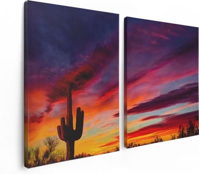 Artaza Canvas Schilderij Tweeluik Cactus bij Oranje Zonsondergang - 120x80 - Foto Op Canvas - Canvas Print
