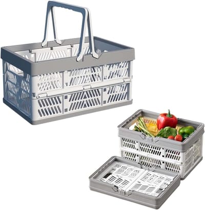 Famanu – Set van 2 opvouwbare kunststof manden met handvat, compacte vouwdozen voor thuis, badkamer, snacks, camping en dagelijks opbergen
