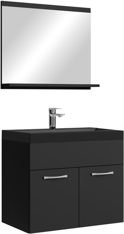 Badplaats Badkamermeubel Montreal Set 02 60 x 35 cm – Mat Zwart – Hangend Meubel met Zwarte Wastafel en Spiegel