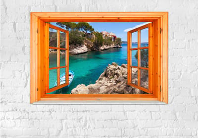 Fotobehangkoning - Behang - Vliesbehang - Fotobehang Mediterraans Landschap vanuit het Raam 3D - Mediterranean Landscape - 150 x 105 cm