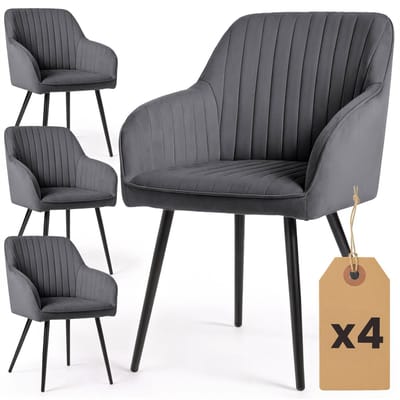 Set van 4 Eetkamerstoelen FLORENCE met Armleuningen / Gestoffeerde Stoelen / Fluwelen Stoelen en Metalen Poten / Antraciet met zwarte benen